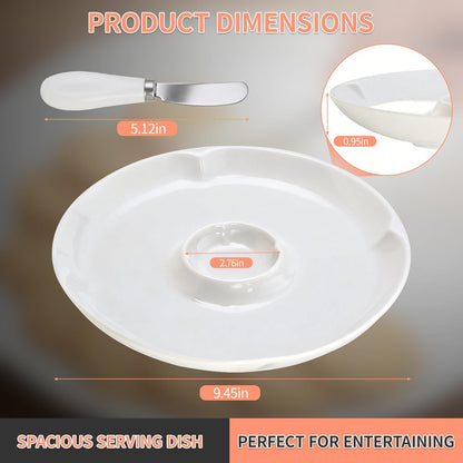 Cheese Ball Serving Dish Set, Cheese Ball Platter with Spreader Knife, White Ceramic, Spacious Design for Easy Serving Crackers and Bread Slices, Ideal for Parties and Entertaining