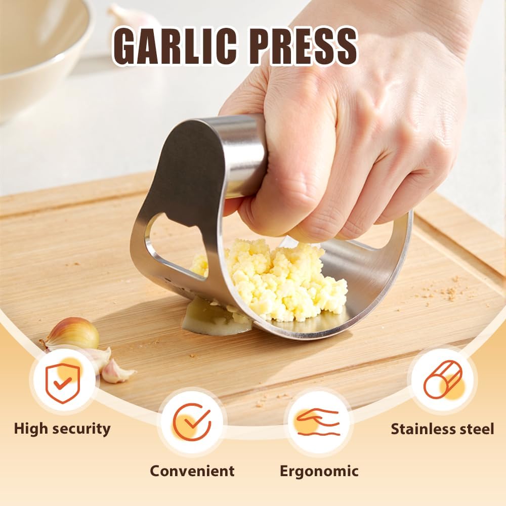Garlic Press Rocker - 2024 NEW Stainless Steel Garlic Mincer Garlic Crusher with Peeler, New Innovative Garlic Chopper with Peeler and Scraper for Smash Garlic (Black)