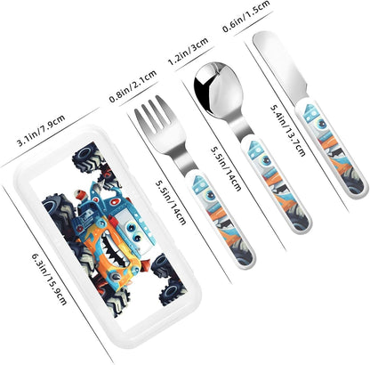 3-Piece Kids Silverware Set With Storage Case, Stainless Steel Reusable Children Safe Knife Spoon Fork Set Cute Monster Trucks Children Flatware Set For Kids Lunch Box