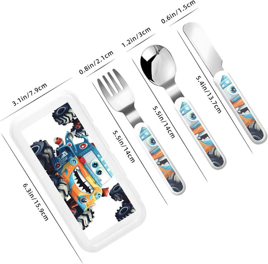 3-Piece Kids Silverware Set With Storage Case, Stainless Steel Reusable Children Safe Knife Spoon Fork Set Cute Monster Trucks Children Flatware Set For Kids Lunch Box