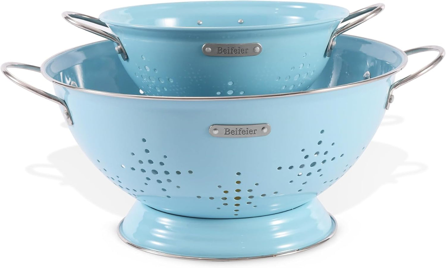 Metal Colander 2 Pack, Strainer Bowel with Handles 2Qt & 6Qt Powder Coated Solid Ring Base Heavey Duty Kitchen Drainer Basket for Pasta Veggies and Fruits,New Home Apartment Essentials (Almond Cream)