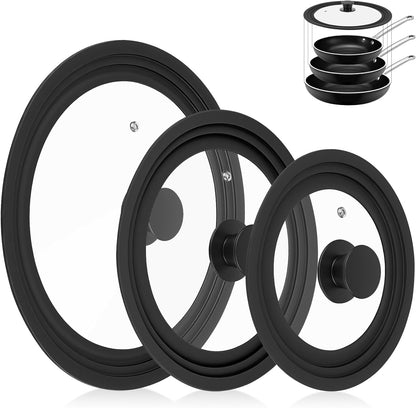 3 Pack Universal Pan Lids,Replacement Pan Lid Fits 6", 7" 8" & 8", 9" 9.5" & 10", 11" 12" Cookware,Tempered Glass Pan Cover with Heat Resistant Rim for Skillets, Pots, Frying Pans & CrockPot