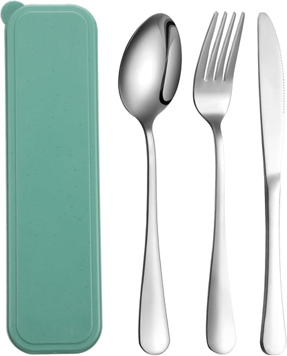Yinkin 4 Pack Portable Travel Utensils Set with Case Reusable Stainless Steel Silverware Flatware Camping Cutlery Include Fork Spoon Knife for Work School Dishwasher Safe(White, Green, Red, Black)