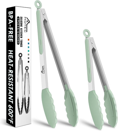 HOTEC Premium Stainless Steel Locking Kitchen Tongs with Silicon Tips, Set of 2-9" and 12"
