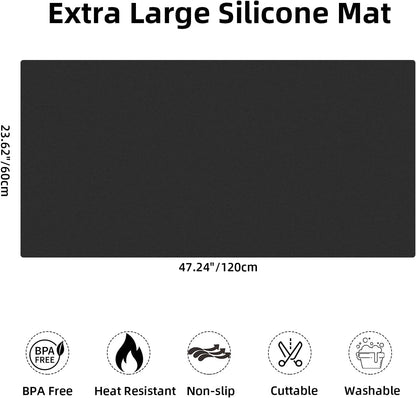 Silicone Mats for Kitchen Counter, 47.2"x 23.6" Largest Heat Resistant Mat, Waterproof Non-Slip Countertop Protector Mat, Cuttable Kitchen Counter Mat, Black