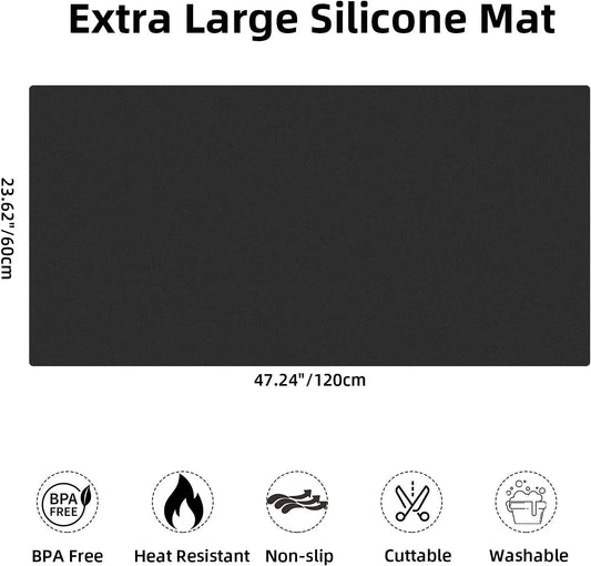 Silicone Mats for Kitchen Counter, 47.2"x 23.6" Largest Heat Resistant Mat, Waterproof Non-Slip Countertop Protector Mat, Cuttable Kitchen Counter Mat, Black
