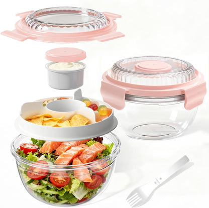 WHALEHOUSE Clear Eco-friendly SK chemicals ECOZEN Salad Container, 33OZ Portable Plastic Salad Bowls with Lid & Snack Tray, Leak-Proof Dressing Container, Reusable Fork, Lunch Box for Meal Prep (Pink)