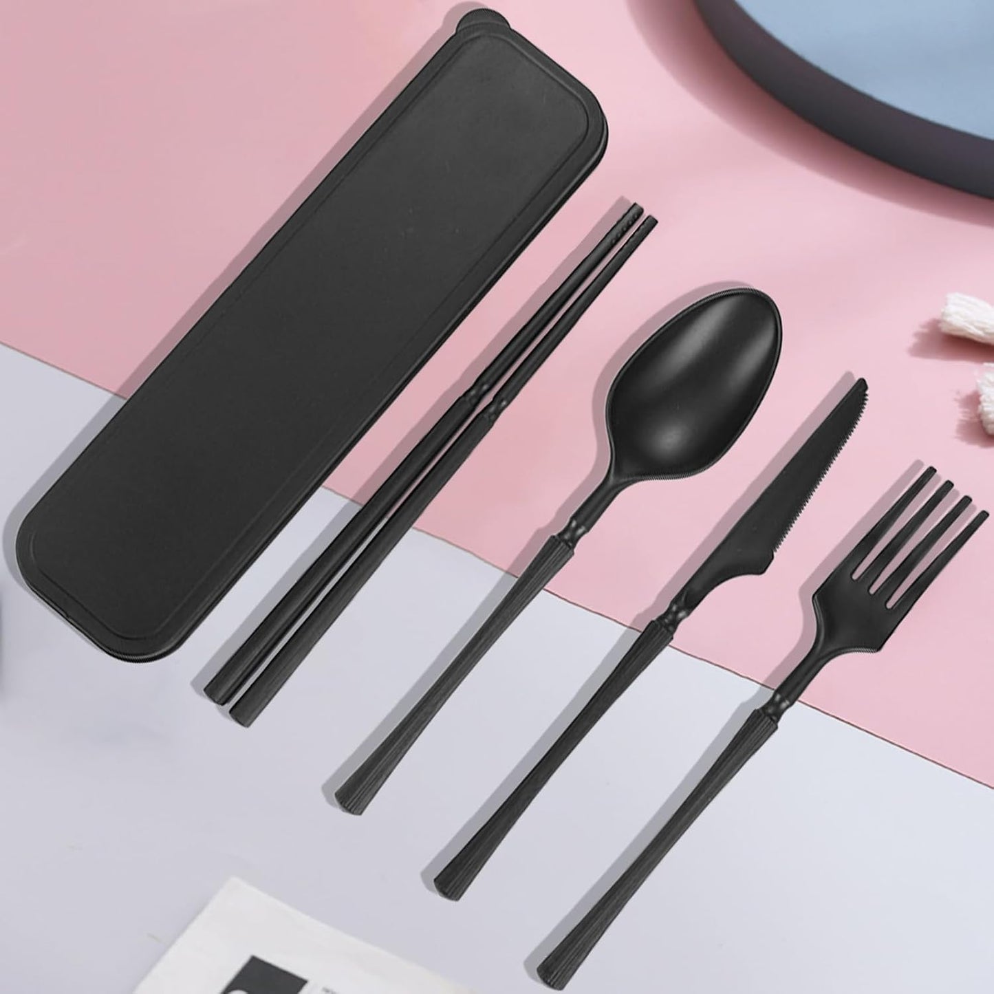 Reusable Travel Utensils Set with Case, Wheat Straw Portable Plastic Fork Spoon Knife Chopsticks Camping Cutlery, Eco-Friendly BPA Free Tableware Picnic Flatware for Kids Adults or Daily Use (Pink)