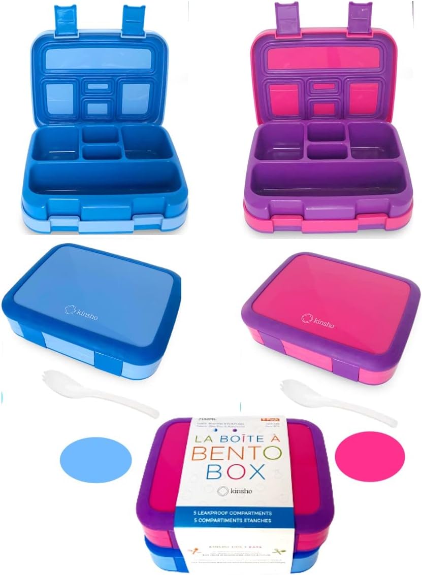 Kinsho Bento Lunch Box for Kids Toddlers, 5 Portion Control Sections, BPA Free Removable Plastic Tray, Pre-School Kid Toddler Daycare Lunches, Snack Container Ages 3 to 7 (Blue Space Rockets)