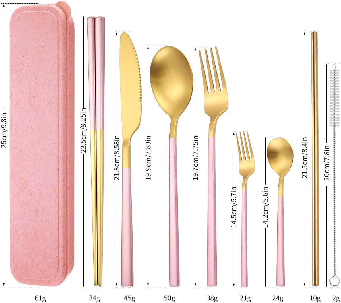 AARAINBOW 6 Pieces 18/8 Stainless Steel Flatware Set Portable Reusable Cutlery Set Travel Utensils Set Including Chopsticks Knife Fork Spoon Straws Cleaning Brush Dishwasher Safe (Green golden)