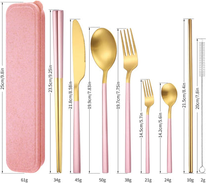 AARAINBOW 6 Pieces 18/8 Stainless Steel Flatware Set Portable Reusable Cutlery Set Travel Utensils Set Including Chopsticks Knife Fork Spoon Straws Cleaning Brush Dishwasher Safe (Green golden)