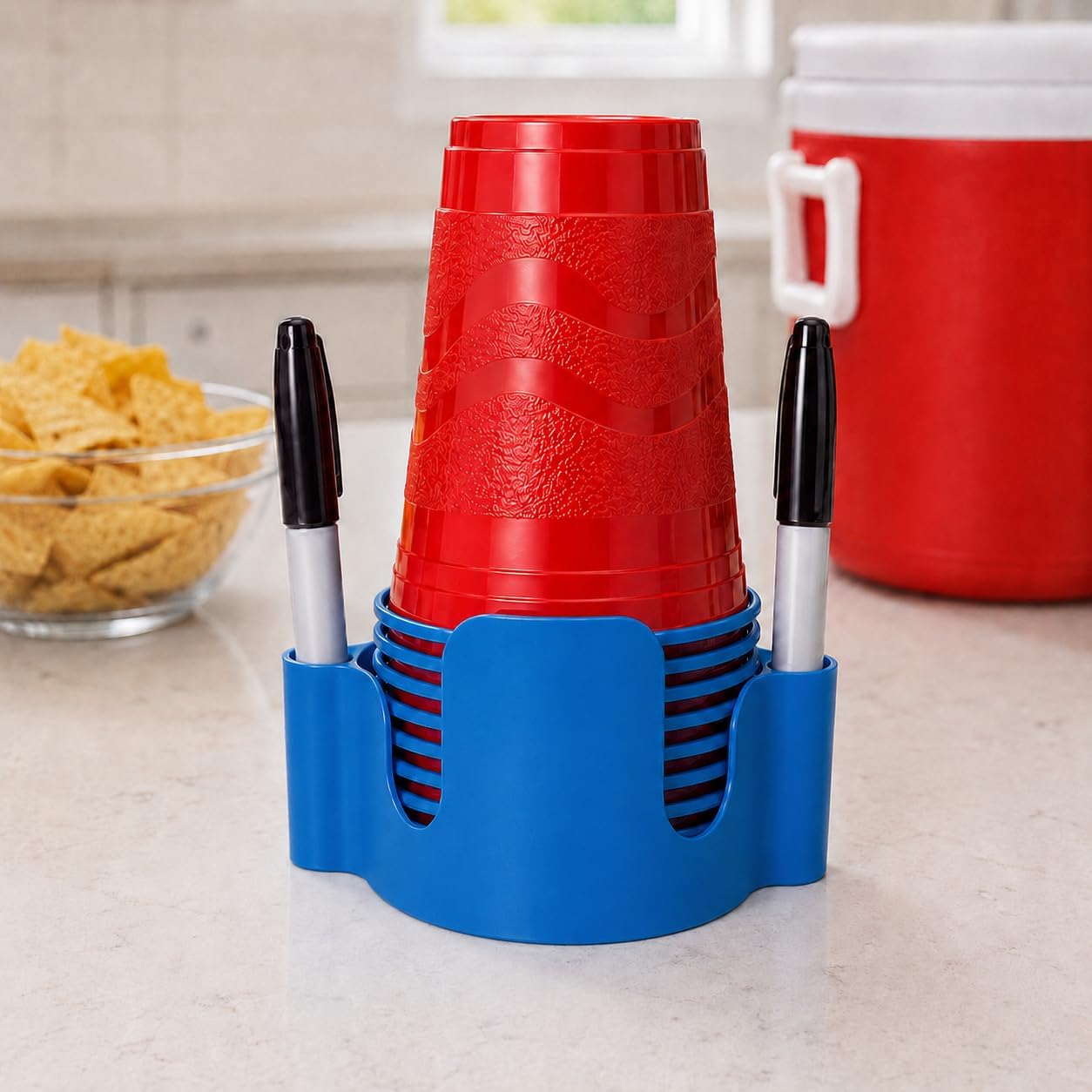 Party Cup Dispenser with Marker Holder – Stackable Plastic Cup Organizer for Parties, Events, BBQs, Picnics, Graduations & Drink Stations, Cup and Marker Caddy, Black (Red)