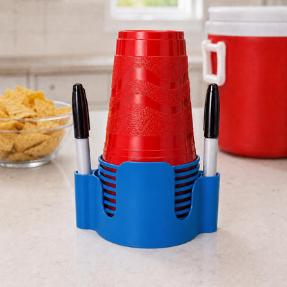 Party Cup Dispenser with Marker Holder – Stackable Plastic Cup Organizer for Parties, Events, BBQs, Picnics, Graduations & Drink Stations, Cup and Marker Caddy, Black (Red)