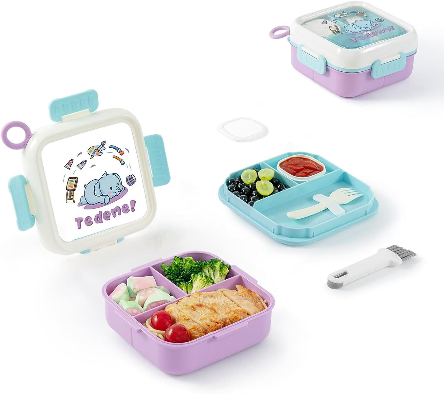 SAYAPE Kids Bento Lunch Box - Toast-Shaped 4-Compartment Lunchable Food Container with Sauce Cup, Utensils & Brush, BPA-Free, Reusable Snack Container with lid, Ideal for School & Travel - Blue