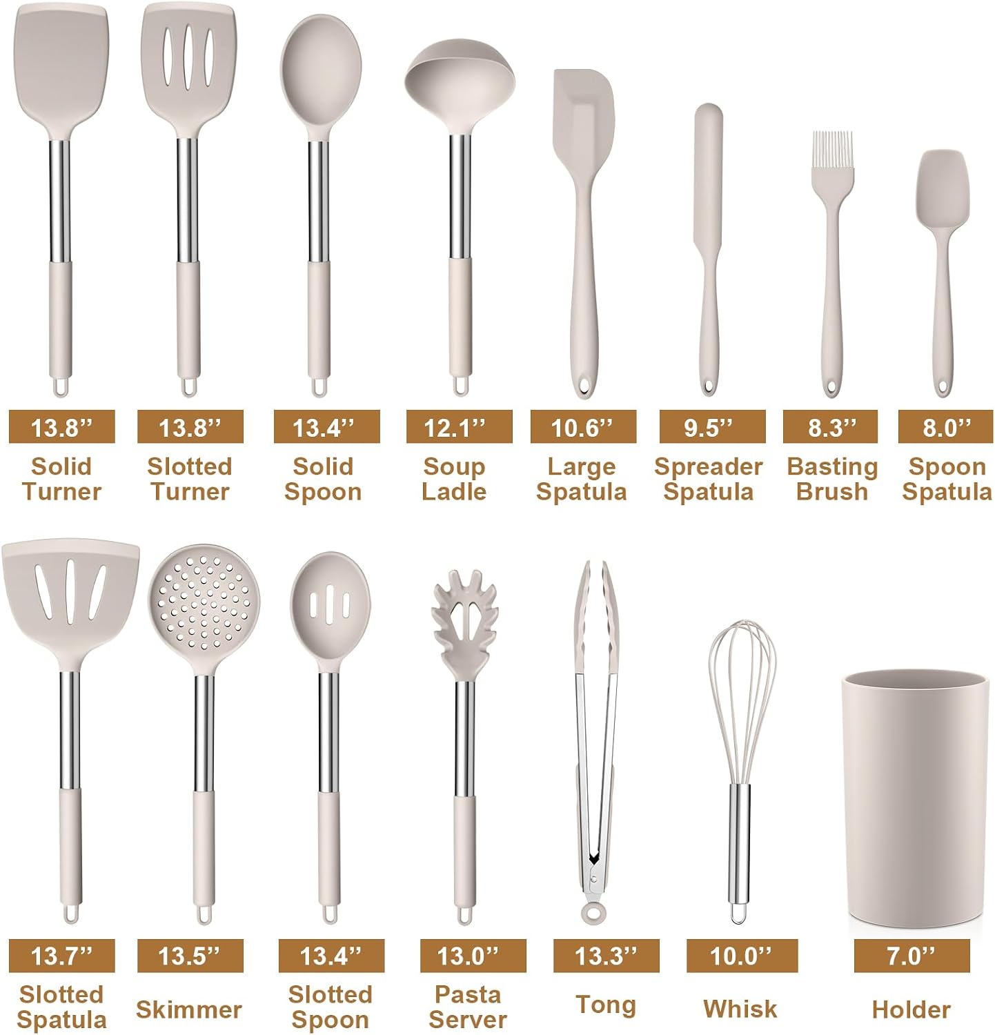 LIANYU 15 Pcs Kitchen Cooking Utensils Set with Holder, Silicone Kitchen Tools with Stainless Steel Handle, Heat Resistant Gadgets, Brush Spatula Spoon Whisk for Cookware, Dishwasher Safe, Khaki