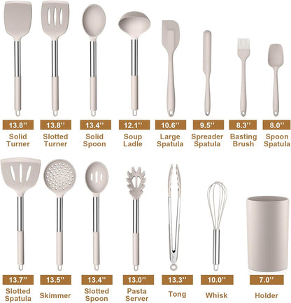LIANYU 15 Pcs Kitchen Cooking Utensils Set with Holder, Silicone Kitchen Tools with Stainless Steel Handle, Heat Resistant Gadgets, Brush Spatula Spoon Whisk for Cookware, Dishwasher Safe, Khaki