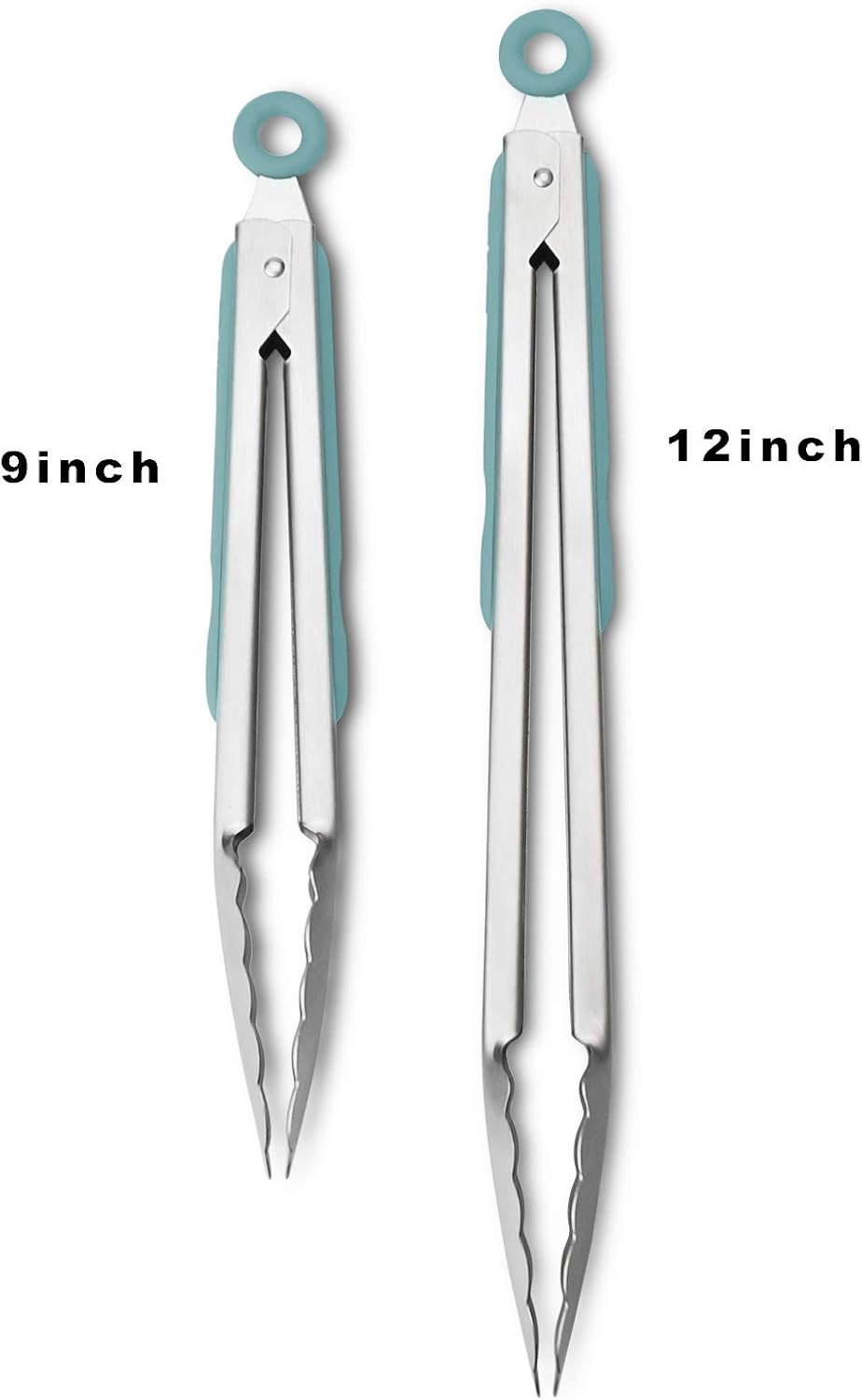 304 Stainless Steel Kitchen Cooking Tongs, 9" and 12" Set of 2 Sturdy Grilling Barbeque Brushed Locking Food Tongs with Ergonomic Grip, Black