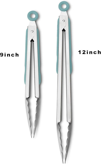 304 Stainless Steel Kitchen Cooking Tongs, 9" and 12" Set of 2 Sturdy Grilling Barbeque Brushed Locking Food Tongs with Ergonomic Grip, Black