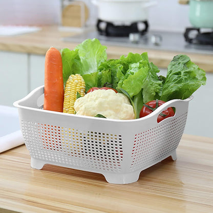Double-layer Draining Basket Plastic Fruits & Vegetable Washing Basket for Kitchen (Blue)