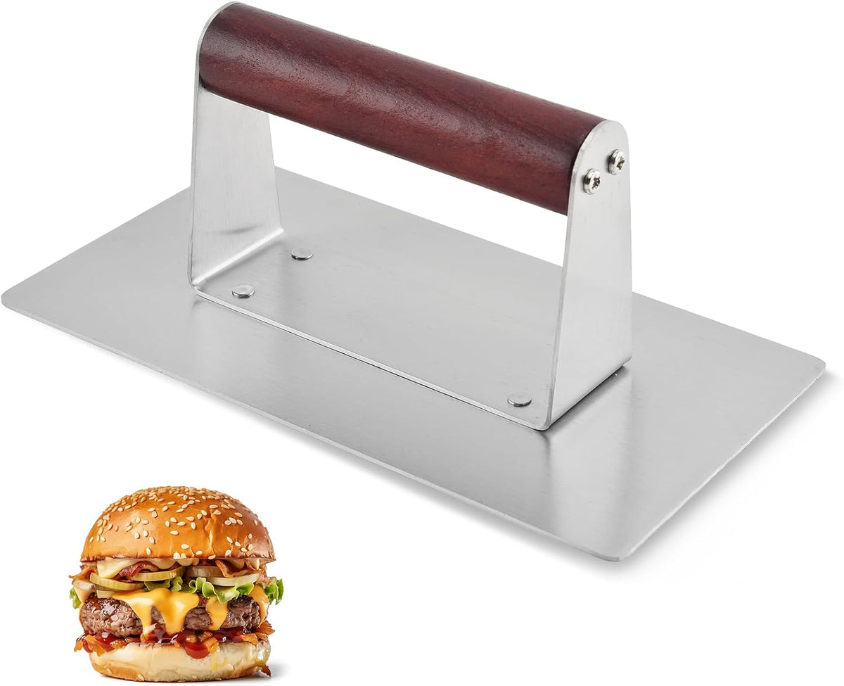 Stainless Steel Bacon Press with Heat Resistant Wood Handle, Heavy Duty Flat Meat Press for Griddle, Grill, Skillet, Prevent Bacon Curling, Perfect for Smash Burger, Sausage, Steak, Panini,8x4.2 inch