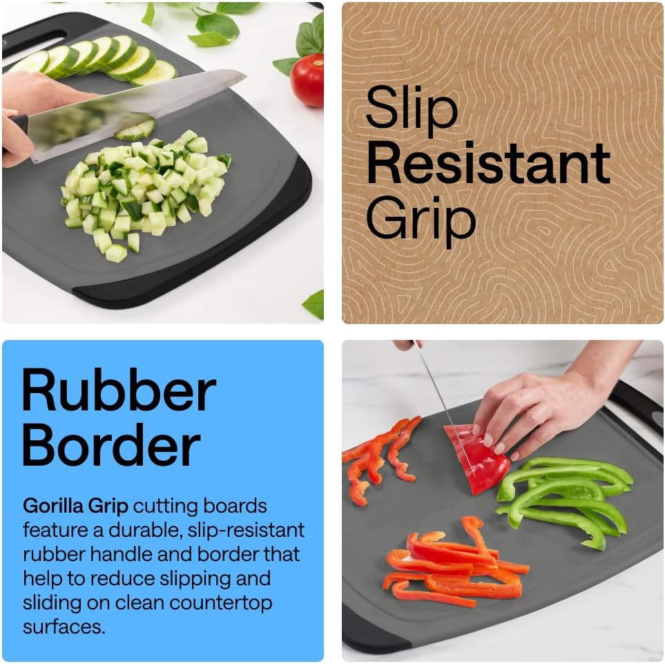 GORILLA GRIP BPA-Free Reversible Kitchen Cutting Board Set of 3, US Designed, Nonporous, Juice Grooves Catch Liquid, Slip Resistant Border, Dishwasher Safe, Durable Large Food Chopping Boards, Black