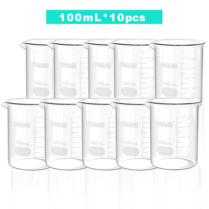 ONiLAB Glass Measuring Beaker Set 50ml 100ml 250ml (Pack of 3) 3.3 Boro Griffin Low Form with Printed Graduation Scientific Glassware for Laboratories, Classrooms or Home Use 13900244