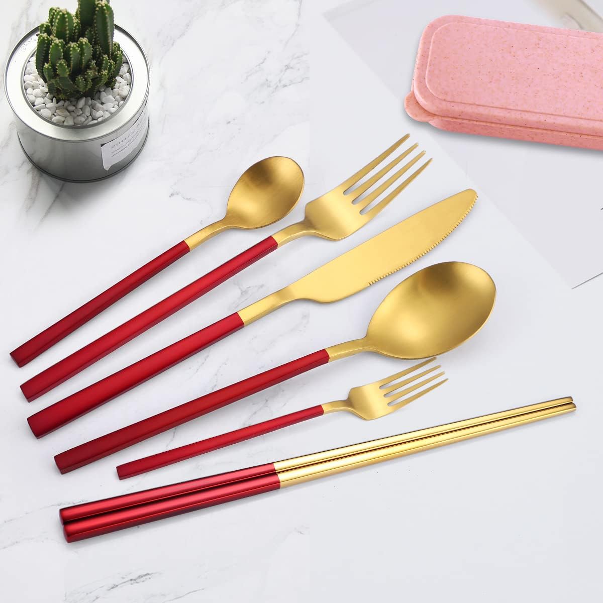 AARAINBOW 8 Pieces Stainless Steel Flatware Set Portable Reusable Cutlery Set Travel Utensils Set Including Chopsticks Knife Fork Spoon Straws Cleaning Brush Dishwasher Safe (Pink Golden)