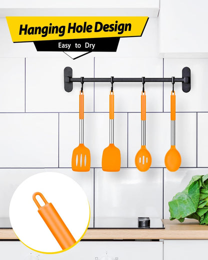 Pack of 4 Silicone Cooking Utensils Set, Non Stick Large Solid Spatulas, Heat Resistant Black Slotted Spoons, Ideal BPA Free Kitchen Turners for Frying, Mixing,Serving,Draining,Turning,Stirring