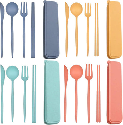 HAGBOU Plastic Travel Utensils, 4 Sets Spoons and Forks Set Silverware, Portable Reusable Utensils with Case for Lunch Box, Picnic, Travel, Camping