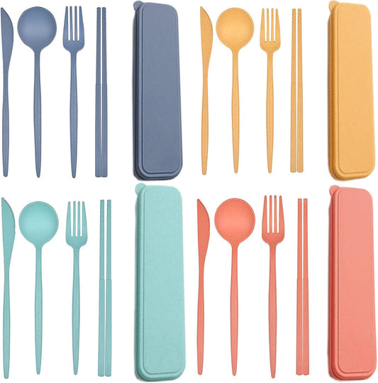 HAGBOU Plastic Travel Utensils, 4 Sets Spoons and Forks Set Silverware, Portable Reusable Utensils with Case for Lunch Box, Picnic, Travel, Camping