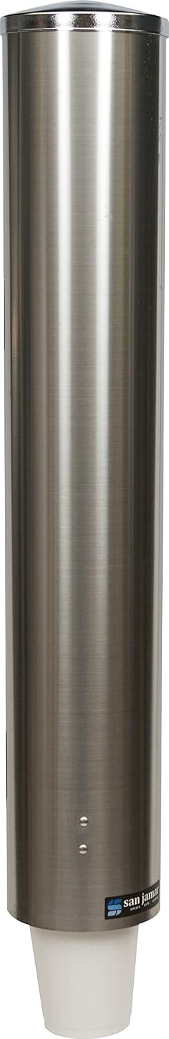San Jamar 23.5" Pull Type Cup Dispenser – Stainless Steel 12 to 24 Oz Cup Holder with Flip Cap for Restaurants, Dining Halls, Fast Food Beverage Stations, Silver
