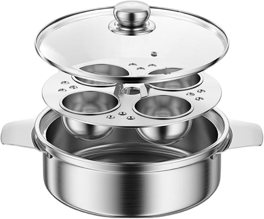 Egg Poacher ‎Stainless Steel Poached Egg Maker with 4 Cups, Nonstick Multipurpose Cooker Pot with Handle for Pots, Skillets and Pressure Cookers