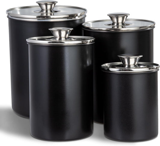 malmo Stainless Steel Food Canister Set of 4-Piece, 16/49/85/132 Ounces,Airtight Containers with Glass Lid for Tea,Coffee,Sugar,Flour,Pantry Kitchen Storage Storeroom Counter (Blue)