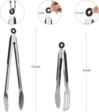 Kitchen Tongs, Joinkitch Stainless Steel Cooking Tongs Set 2 pack (12-inch.9-inch) With Heat Resistant Handle For Kitchen Outdoor Barbeque Salad Fish Thick Steak