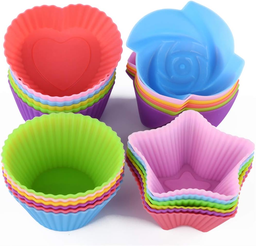 Reusable and Non-stick Silicone Baking Cups/Muffin Cup Molds in Storage Container-24 Pack-6 Vibrant Colors-4 Shapes(Flower,Star,Heart,Round)