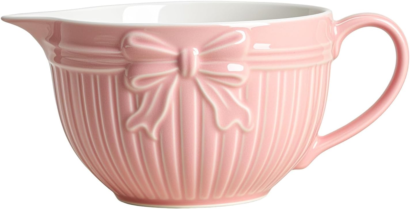 Gaolinci Bow Embossed Ceramic Mixing Bowl, 1 Quart Batter Bowl with Pouring Spout and Handle