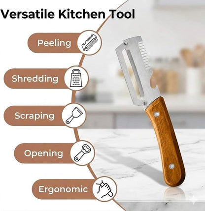 2 Pcs Multifunctional Vegetable Peelers for Kitchen, 3-in-1 Peeler & Bottle Opener & Julienne Peeler, Non-Slip Wooden Handle,Good Sturdy,For Vegetables or Fruits that Need to Be Peeled