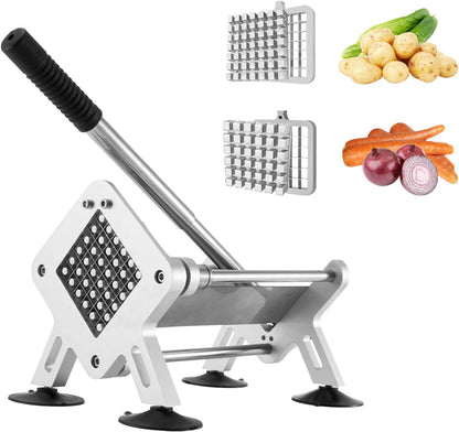 French Fry Cutter, Stainless Steel Potato Cutter with 1/2-Inch and 3/8-Inch Blades, 4 Suction Feet, Removable Handle for Potatoes, Carrots and Cucumbers