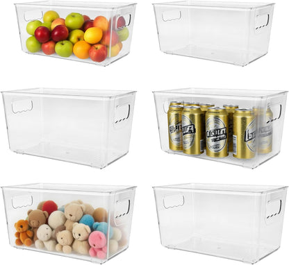 6 Pack Clear Plastic Storage Bins with Handles, Stackable Pantry Fridge Cabinet Under Sink Organizers and Storage, Multi-use Large Home Kitchen Bathroom Organization for Shelf Closet Drawer