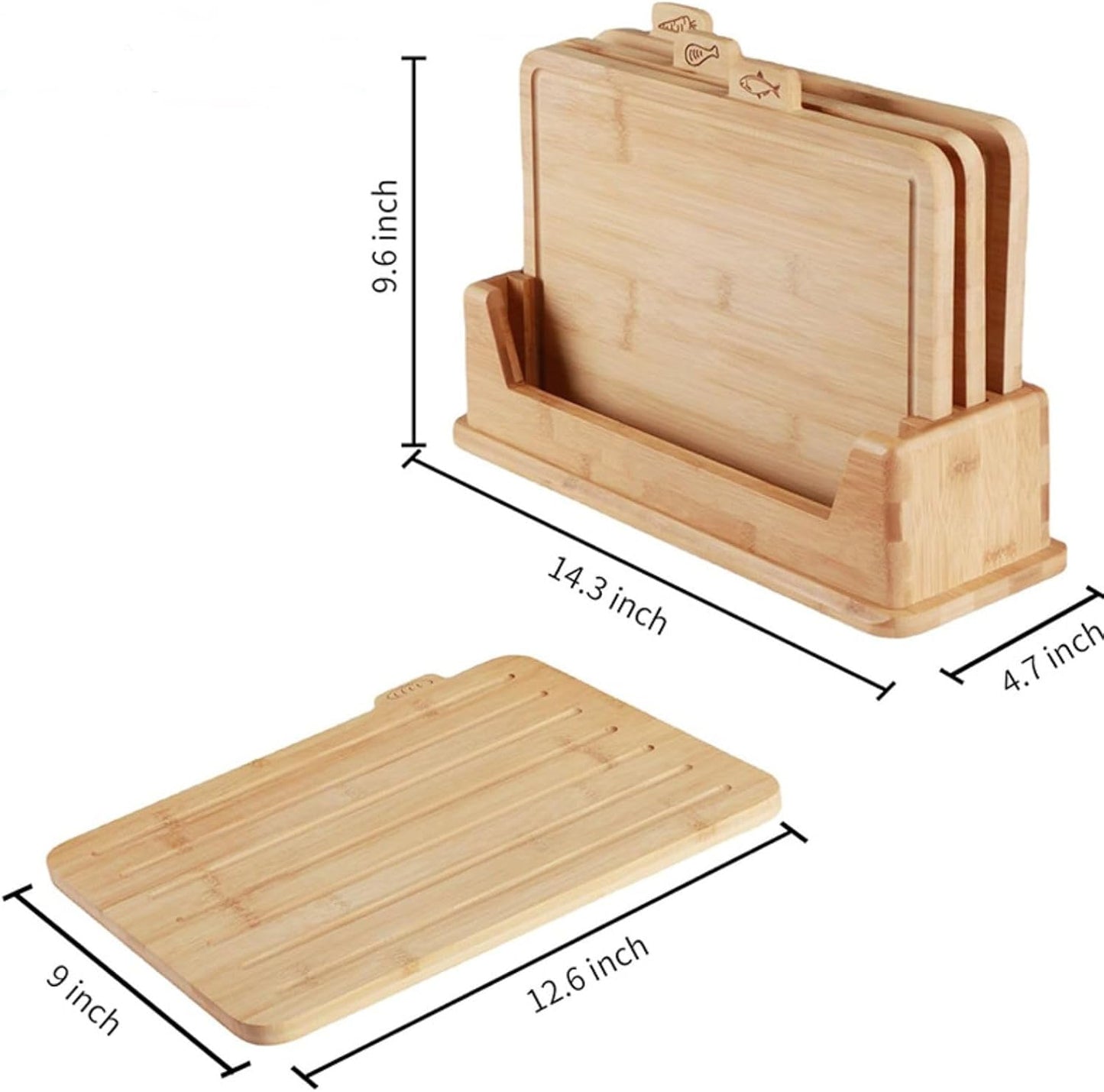 Bamboo Cutting Boards with Holder, Wooden Cutting Board Set for Kitchen, Non-Slip with Juice Grooves and Icons, Includes 2 Dishcloths
