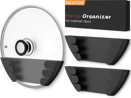 Universal Pot Lid Organizer for Cabinet - Upgraded Patented Niceyos Inside Cabinet Door Wall Mount Pan Top Storage Organizer Rack Holder for Kitchen, Fits 6" to 13" (Black)