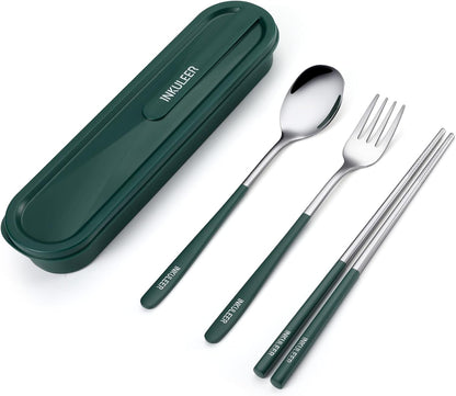 iNKULEER Travel cutlery set, 18/8 stainless steel cutlery, Reusable utensils set with case, Portable Silverware Lunch Box for Camping and Office (Pink)
