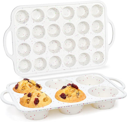 CAKETIME Mini Muffin Pan, Metal Reinforced Frame Mini Cupcake Pans 24 Cups Nonstick Muffin Silicone Molds with Handle for Baking Muffins, Cupcakes, Egg Bites 2 Pack