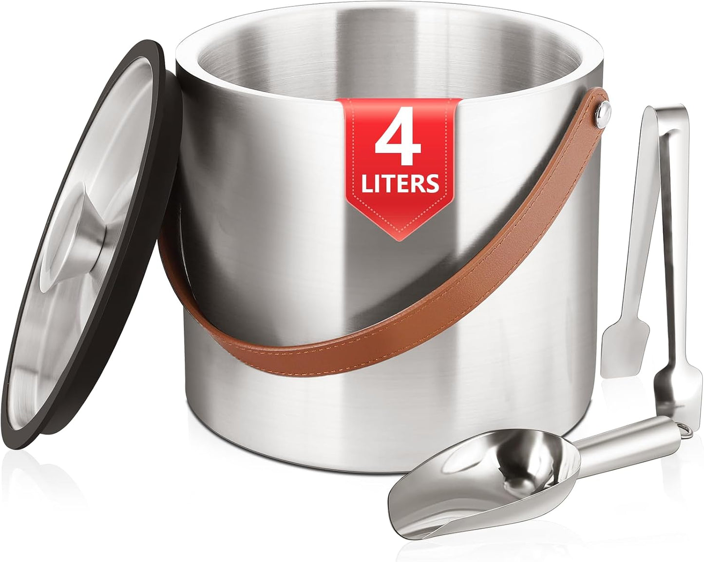Bakpoco Double-Wall Vacuum Insulated Ice Bucket with Lid, Scoop, Ice Tong, Strainer & Leather Handle Keep Ice Frozen Longer Large Wine Ice Buckets for Cocktail Bar,Parties Chilling Beer Champagne 3L