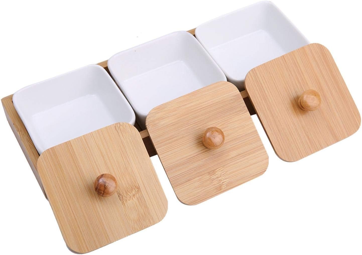 Joyzan Ceramic Divided Serving Dishes, Porcelain Snack Nut Condiments Appetizer Bowl Lids Dip Candy Platter Relish Bamboo Tray Removable Food Display Container Fruit Dessert Potato Chip Birthday Party