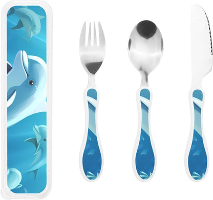 3-Piece Kids Silverware Set With Storage Case, Stainless Steel Reusable Children Safe Knife Spoon Fork Set Dolphin Children Flatware Set For Kids Lunch Box