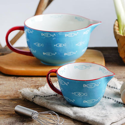Gaolinci Cherry Blossom Pattern Kitchen Ceramic Mixing Bowl, 1 Quart Large Bowl, with Pouring Spout and Handle
