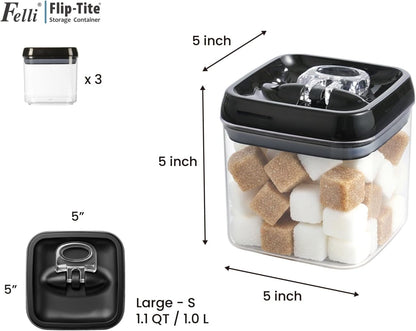 Felli Flip Tite Acrylic Food Storage Container with Lid 6” XL Air Tight Ring Seal Flip Top, Plastic Kitchen Baking Canister for 5 lb Flour Sugar Rice Protein Powder Pantry Organizer (Nest-M, White)