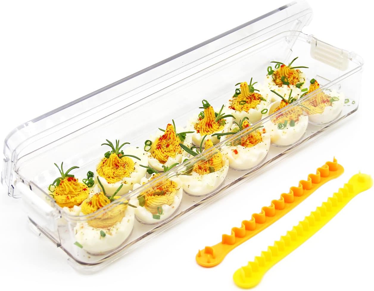 YOHA Clear Deviled Egg Tray Carrier with Lid 12 Grids Eggs Holder Case Refrigerator Egg Container Deviled Egg Platter Stackable Egg Tray Camping Picnic Travel Portable Egg Storage Container,Clear-12