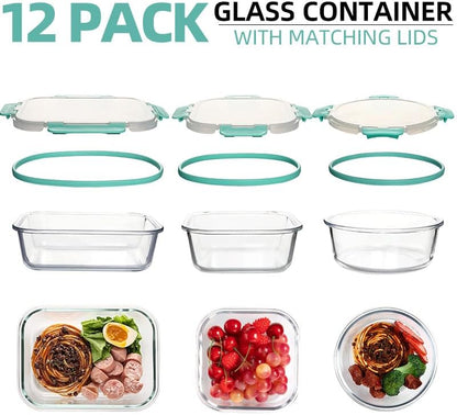 12 Pack Glass Storage Containers Transparent, Stackable Design Meal Prep Containers for Food Storage, Home, Kitchen & Pantry Organization, Microwave/Freezer/Dishwasher Safe